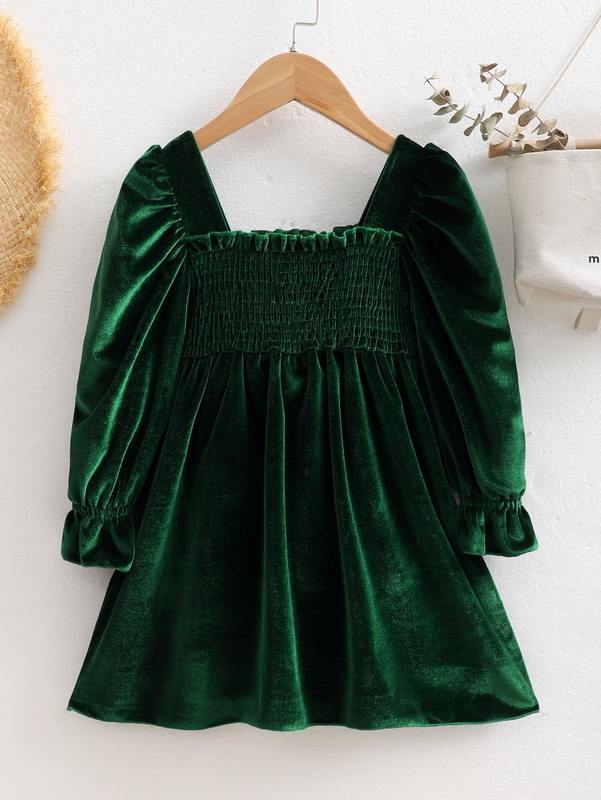Little girl's ruffled velvet dress with ruffle sleeves SHE