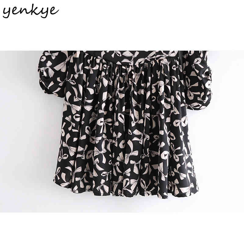 YENKYE Spring Women Bow Pattern Print Dress Elegant Lady Sexy Square Neck Puff Sleeve Pleated Mini Dress Robe Femme 210515