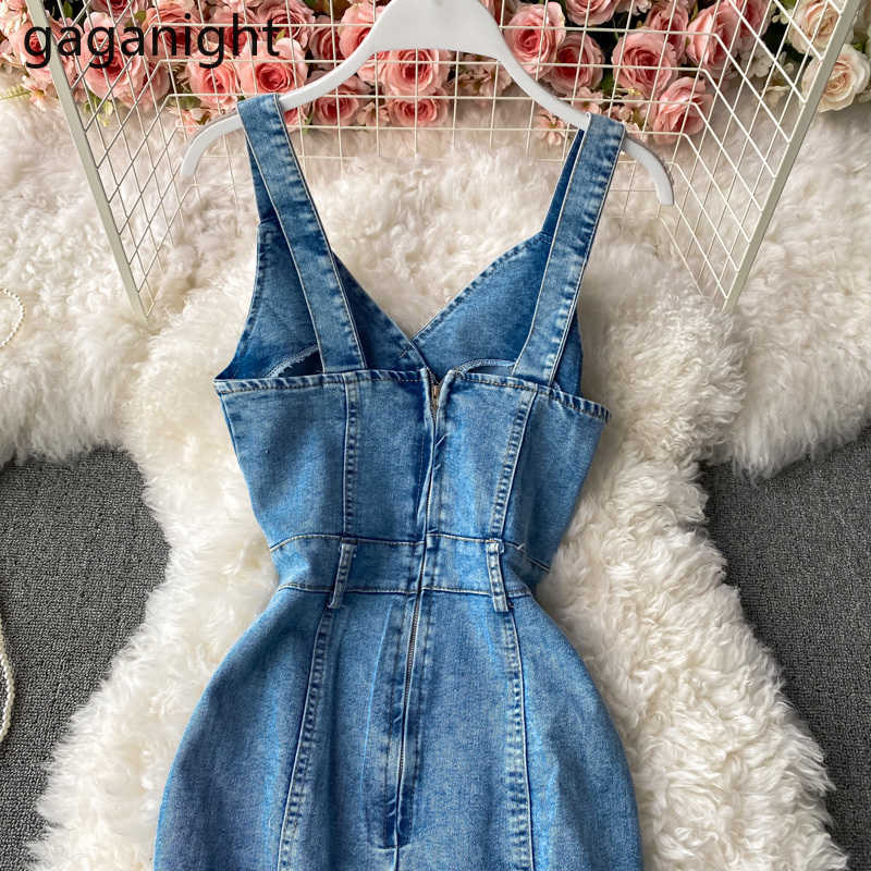 Womens Summer Denim Dresses Sexy V Neck Slim Spaghetti Straps Jeans Back Split Bodycon Long Trumpet 210601