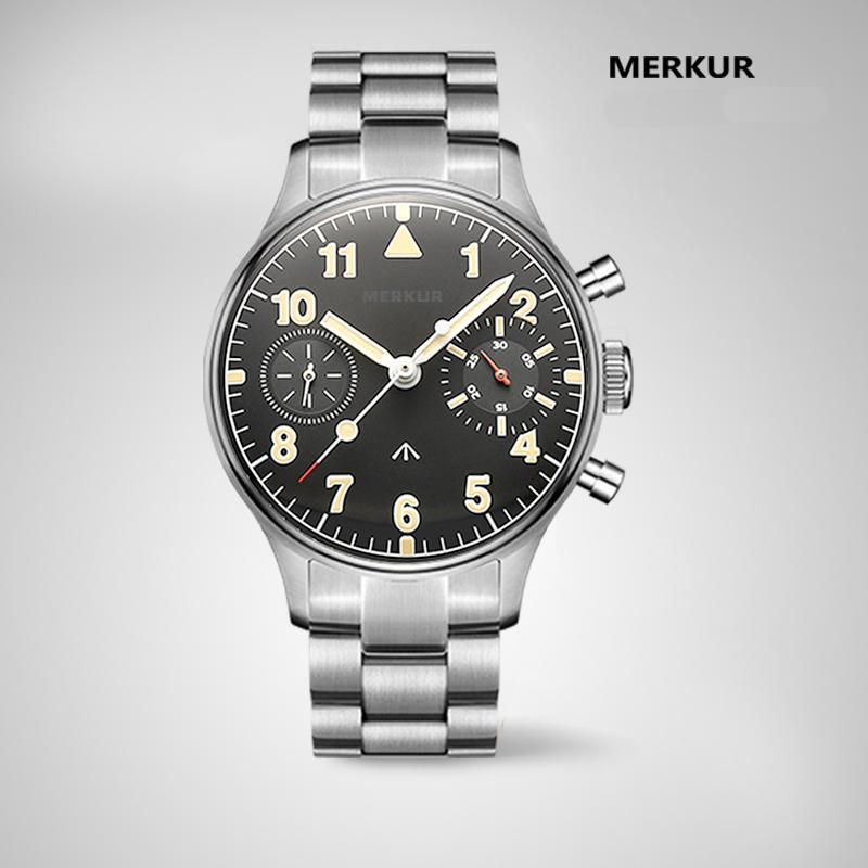 Wristwatches 38mm Classic Chronograph Mechanical Watches MERKUR First Colabs Product Flieger Watch With Super Luminova Vintage Big Eye, Leather grey
Wristwatches 38mm Classic Chronograph Mechanical Watches MERKUR First Colabs Product Flieger Watch With Super Luminova Vintage Big Eye, Leather grey