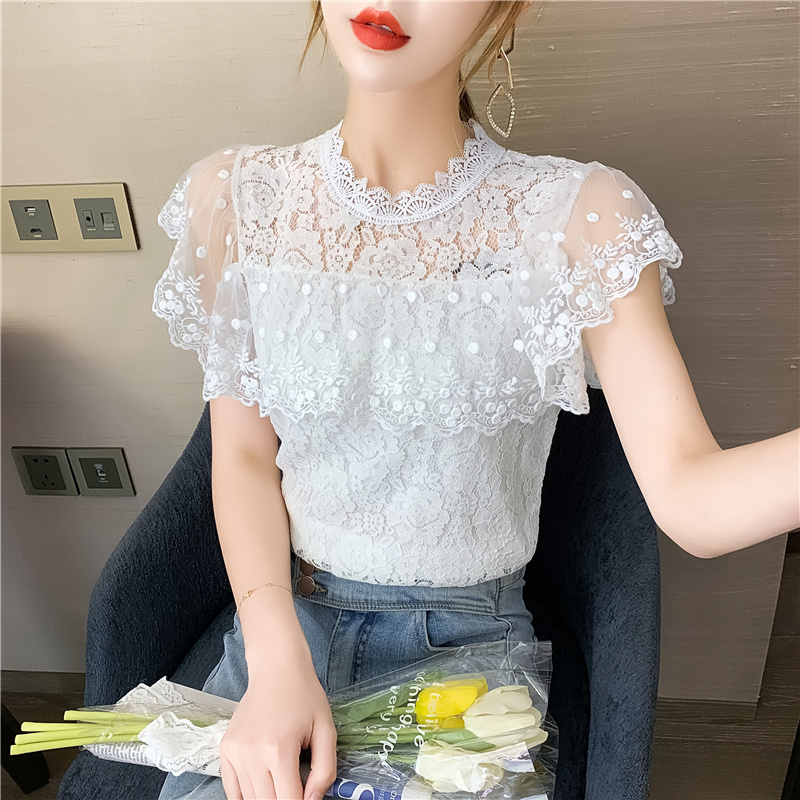 Blusas Mujer De Moda Blouse For Women White Blouse Ruffles Hollow Lace Blouse Short Top For Women White Shirts 210515