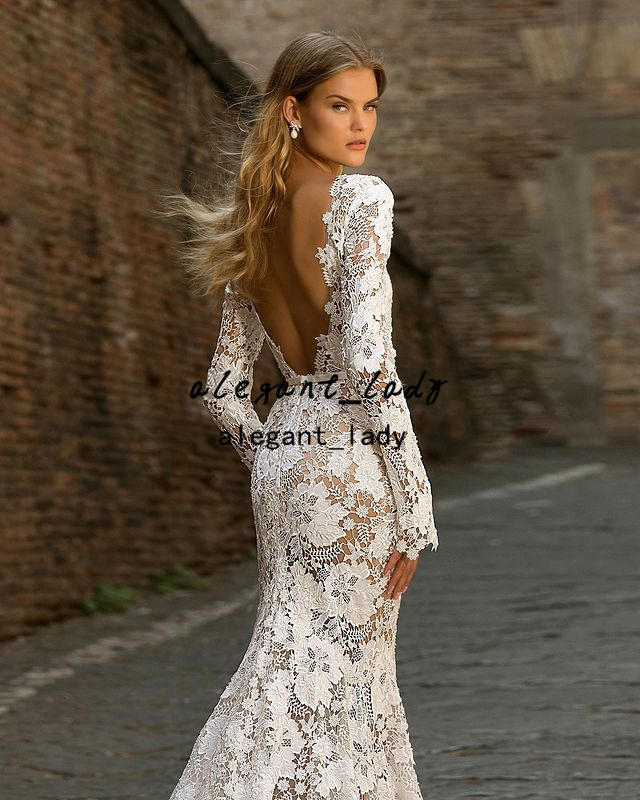Crochet Cotton Lace Mermaid Wedding Dresses 2022 Berta Backless Long Sleeve Slim Jewel Neck Bohemian Country Bridal Dress vestidos