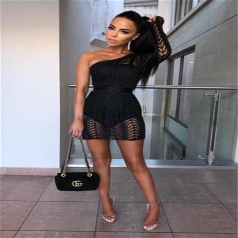 Women Autumn Clothes One Shoulder Single Long Sleeve Sexy Slim Knit Dress Clubwear Casual Outfit Regular Size Pullover Dresses