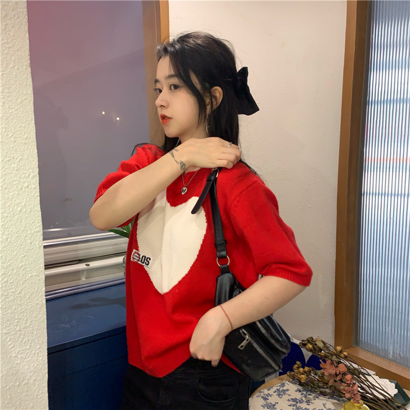 Nomikuma Short Sleeve Knitwear Tops Spring Korean Love Heart Knitted Pullovers Causal O-neck Hit Color Jumpers 6E990 210427