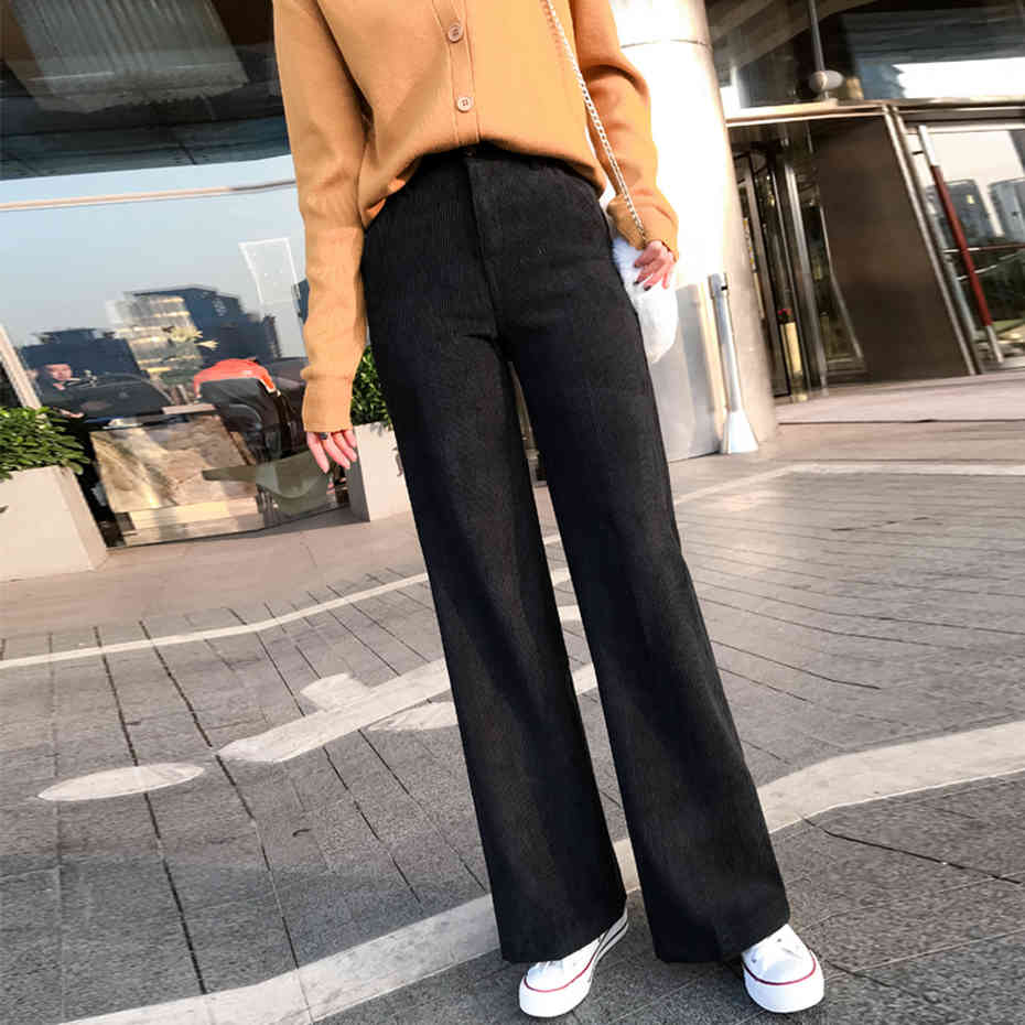 Corduroy Pants Wide Leg Elastic Waist Velvet Trouser Women Autumn Winter Plus Size Womens Pants Casual Pink Pants Black 210412