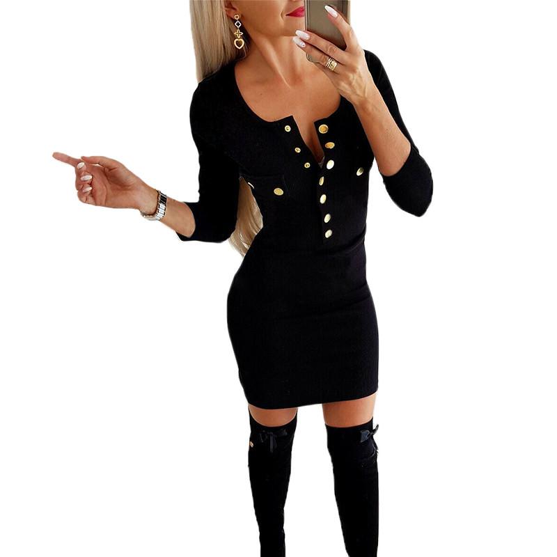 Sexy Slim Solid Women Party Club Short Mini Dress Outfits Long Sleeve Round Neck Bodycon Elastic Buttons Fashion Vestidos Autumn Casual Dres