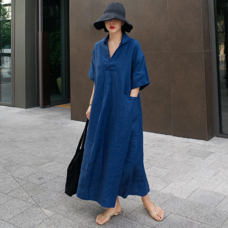 Johnature Women Vintage Cotton Linen Dresses V-Neck Solid Color Robes New Summer Short Sleeve Pockets Female Loose Dresses 210331