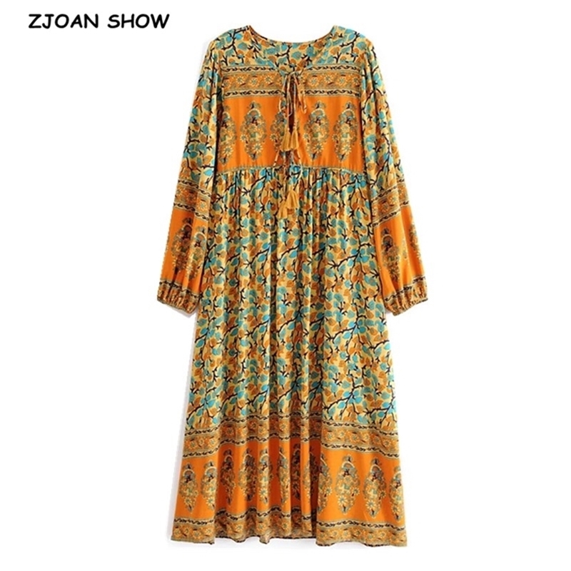 Bohemian Lace up V neck Location Floral Print Dress Orange Ethnic Woman Tassel Long Sleeve Holiday Dresses BOHO 210429