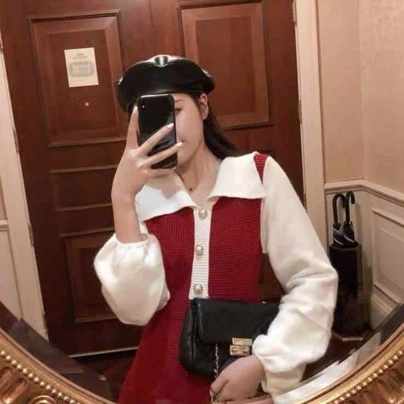 Knitted Dress Women Sweet Button Long Sleeve Elegant Mini Sweater Dress Office Lady Vintage Dress Korean Winter 210521