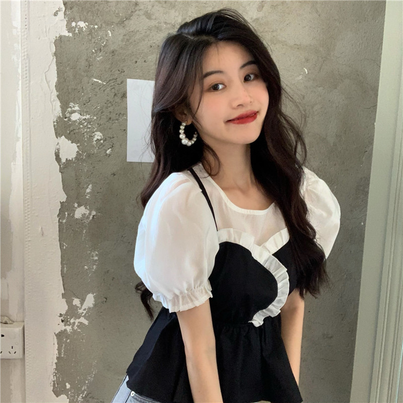 Nomikuma Korean Hit Color Patchwork Women Blouse Tops Ruffle Sweet Puff Sleeve O-neck Blusas Femme Slim Waist Short Shirt 6G319 210427