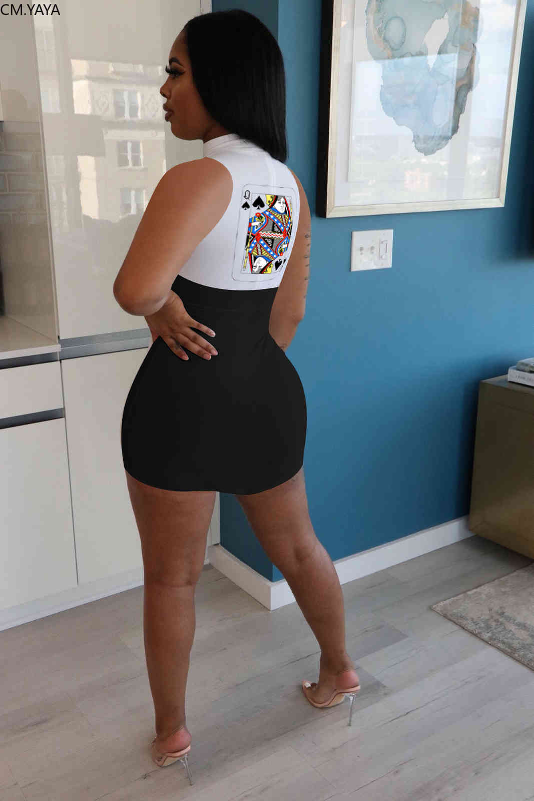 CM.YAYA Women Summer Black Queen Poker Card Print Sleeveless Bodycon Midi MiniDress Sexy Party Club Bandage Streetwear Dresses 210331