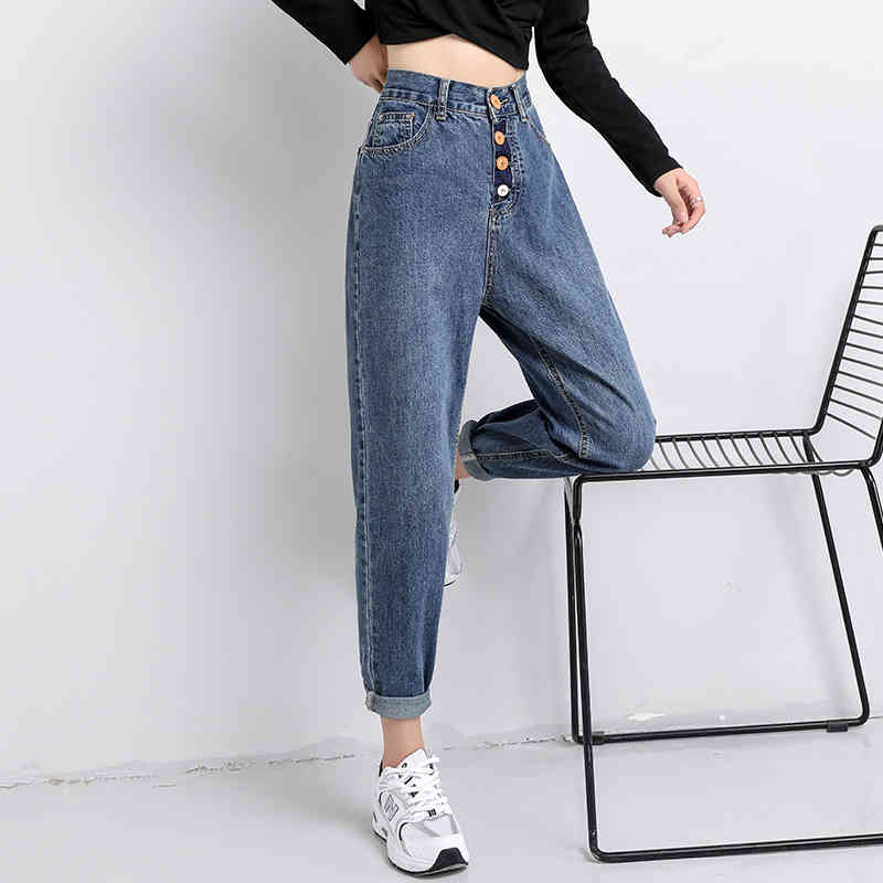 Autumn Allmatch Fashion Buckle Buttons Denim Jeans High Waist Women Harem Pants Loose 10792 210518