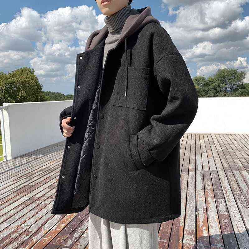 Hooded woolen coat men winter clothe thick loose casual jacket Hong Kong style Preppy handsome unisex mid-length windbreaker 211122