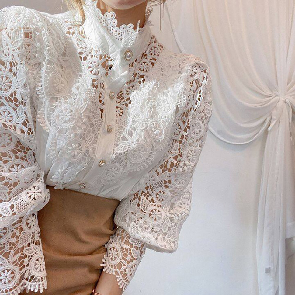 Women Elegant Lace Trim Shirts Hollow Out Loose Casual Victorian Blouses Long Sleeve Button Down Tops