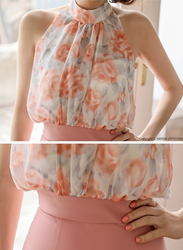 Business 2 Piece Sets Sexy Print Chiffon Halter Sleeveless Shirt and Pink Bodycon Skirt Suits For Women Summer Female 210519