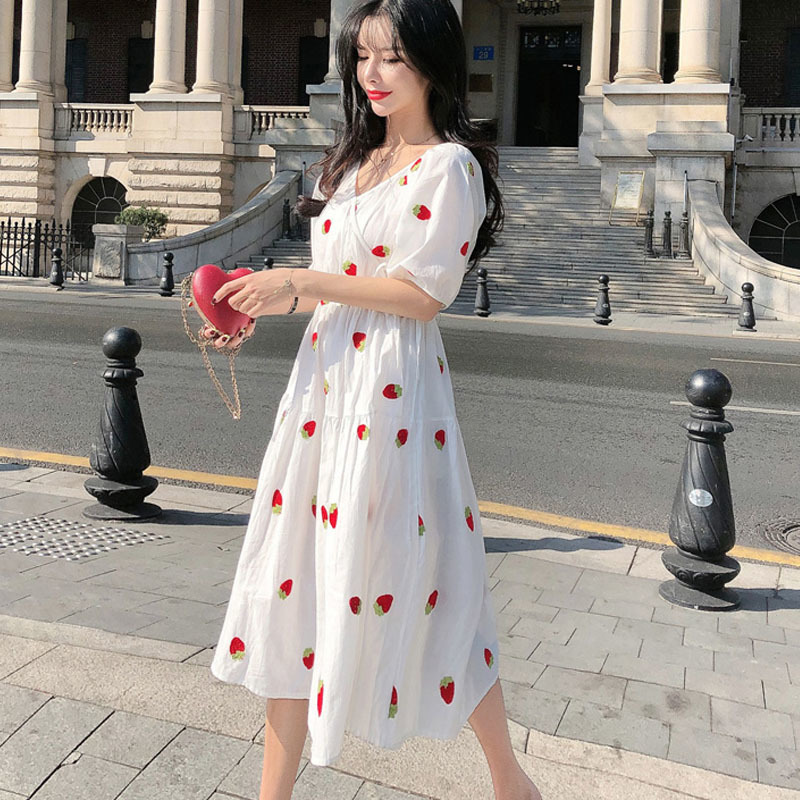 Korean Lantern Short-Sleeve Summer Dress Cotton Vintage Plus Size Print for Women V Neck Midi Vestidos 9372 210427