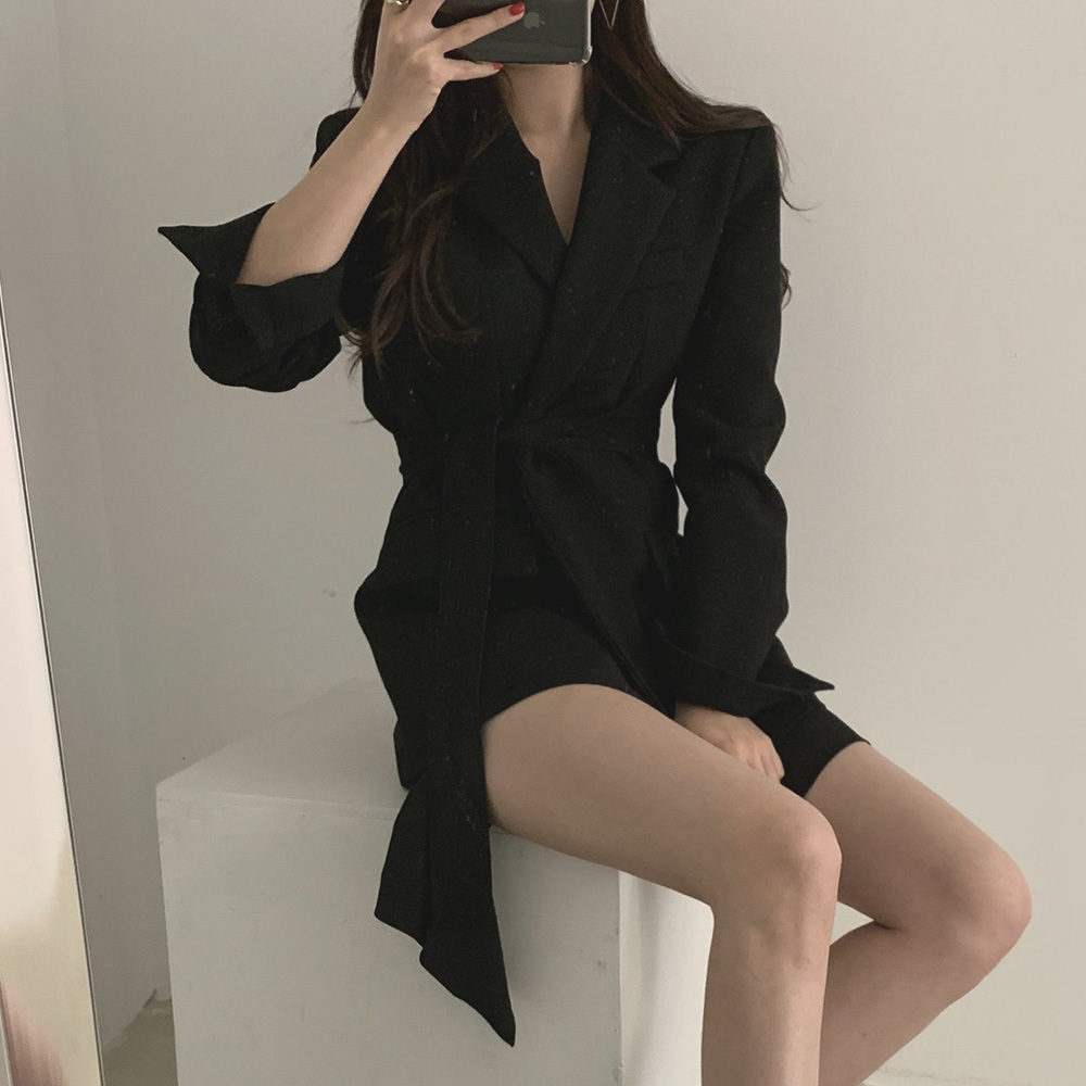 Women Korean Elegant Suit Office Blazer Ladies Lace up Notched Formal Outwear Winter Jackets Casual Mid Coat Tops 210428