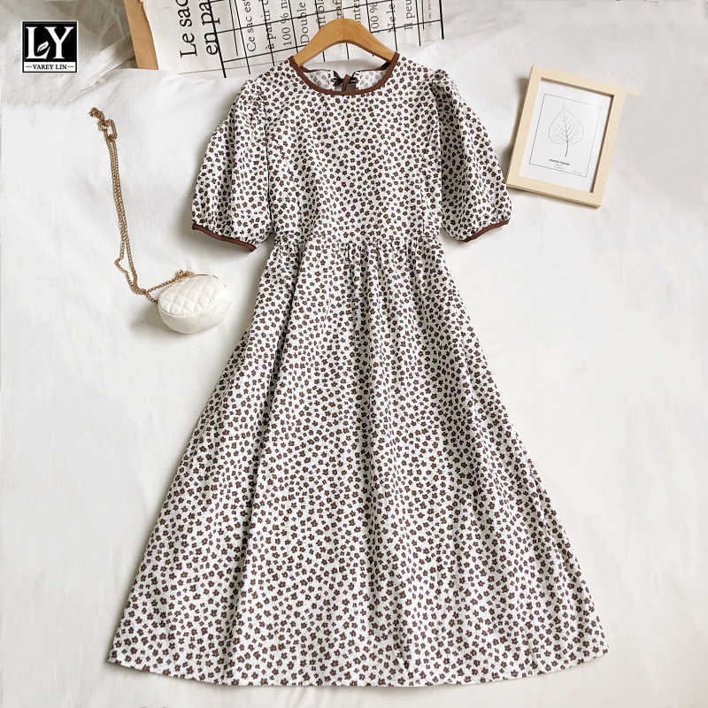 LY VAREY LIN Summer Women Sweet High Waist Bandage A-line Medium Length Dress Casual O-neck Puff Sleeve Floral Dresses 210526