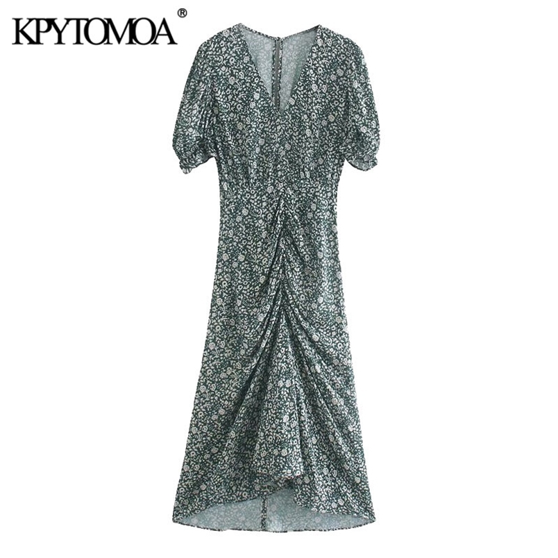 Women Chic Fashion Floral Print Gathered Midi Dress Short Ruffled Sleeves Back Zipper Female Dresses Mujer 210420