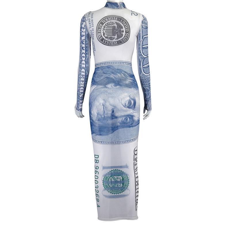 Sexy Black/gold Money Printed Stretch Mesh Dresses For Women Party Club Sheer Long Sleeve Bodycon Maxi Dress D85-BE16 Casual