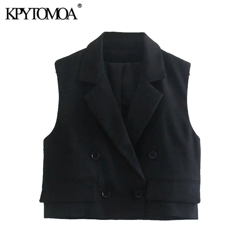 Women Fashion Double Breasted Cropped Vest Coat Lapel Collar Sleeveless Female Waistcoat Chic Tops 210420