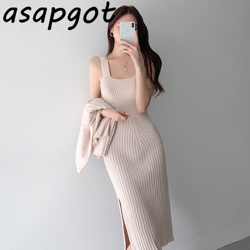 Temperament Autumn Winter Solid Knit Cardigan V Neck Sweater Jacket Side Split Vest Dress Knitted Women Sexy Fashion 210429