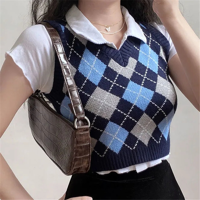 Vintage Plaid Sweater Vest Women V-Neck Slim Short Sleeveless Casual Preppy Pullovers Knitted Female Tank Tops Students 210421