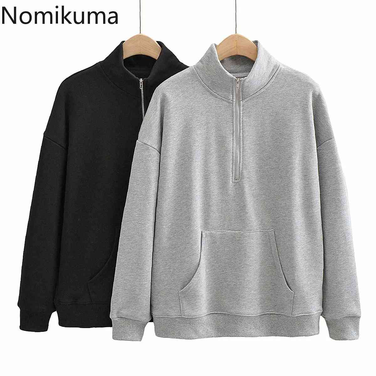 Nomikuma Causal Zipper Stand Neck Pullover Sweatshirt BF Style Korean Women Hoodies Long Sleeve Pocket Jumper Sudaderas 6D827 210427