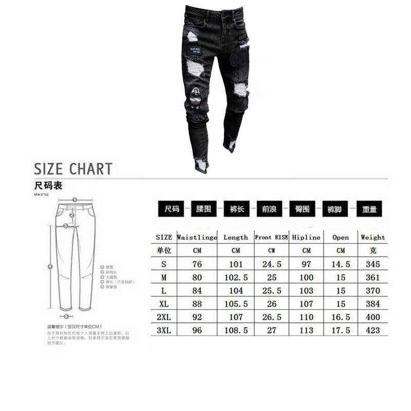 3 Styles Men Stretchy Ripped Skinny Biker Embroidery Print Jeans Destroyed Hole Taped Slim Fit Denim Scratched High Quality Jean H1122