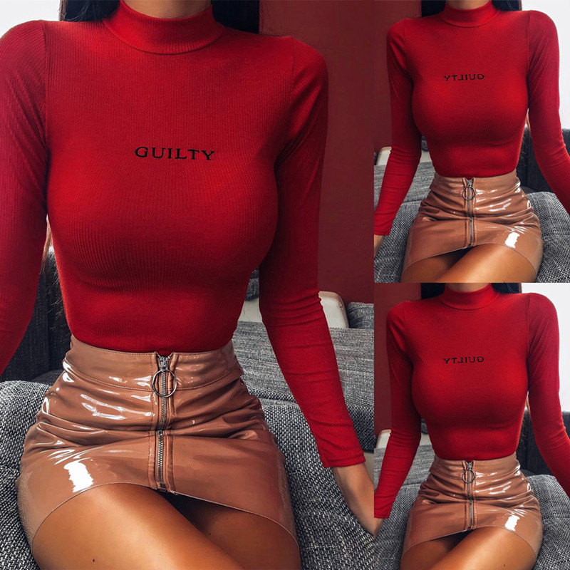 Letter Knitted Bodycon Red Long Sleeve T-shirt Casual High Collar Basic Women Autumn Winter Shirts Fall Top Tees Slim T 210507