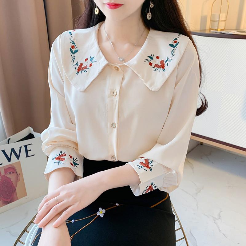 Women' Blouses & Shirts Sweet Embroidered Doll Collar Chiffon Blouse Women 2021 Spring Retro Floral Long Sleeve Elegant Style White Bottomi, Black
Women' Blouses & Shirts Sweet Embroidered Doll Collar Chiffon Blouse Women 2021 Spring Retro Floral Long Sleeve Elegant Style White Bottomi, Black