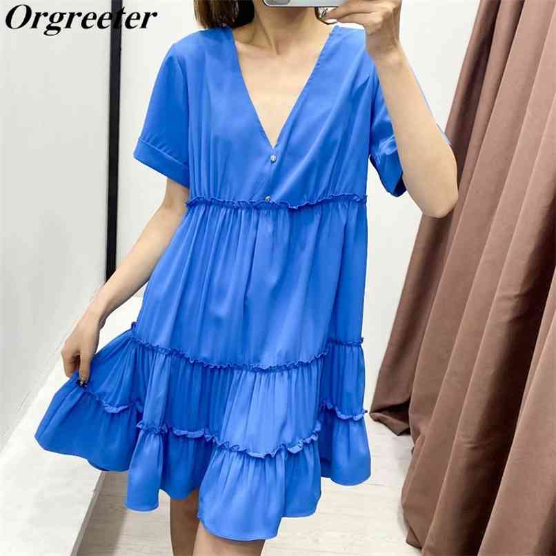 Fashion European and American minimalist style Solid Loose Dress Women V-neck Ruffles Patchwork Short Sleeve MIni Pleated 210602, Blue
Fashion European and American minimalist style Solid Loose Dress Women V-neck Ruffles Patchwork Short Sleeve MIni Pleated 210602, Blue