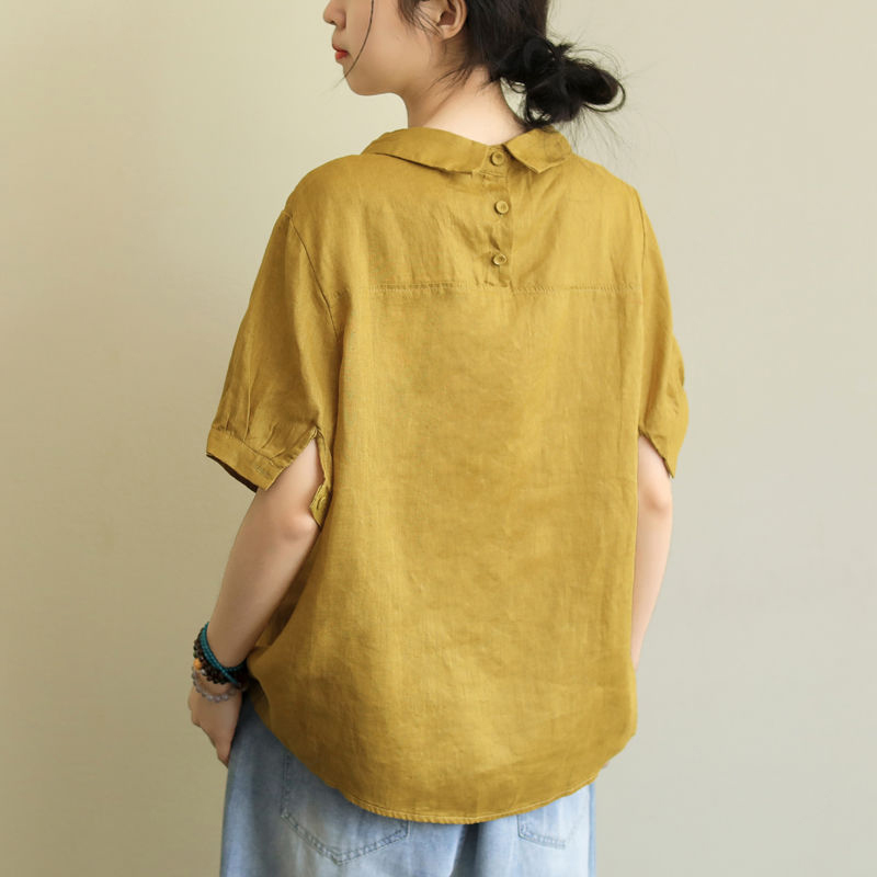 Summer Arts Style Women Short Sleeve Peter Pan Collar Loose Shirt All-matched Casual Cotton Linen Blouses Tops Plus Size S934 210512