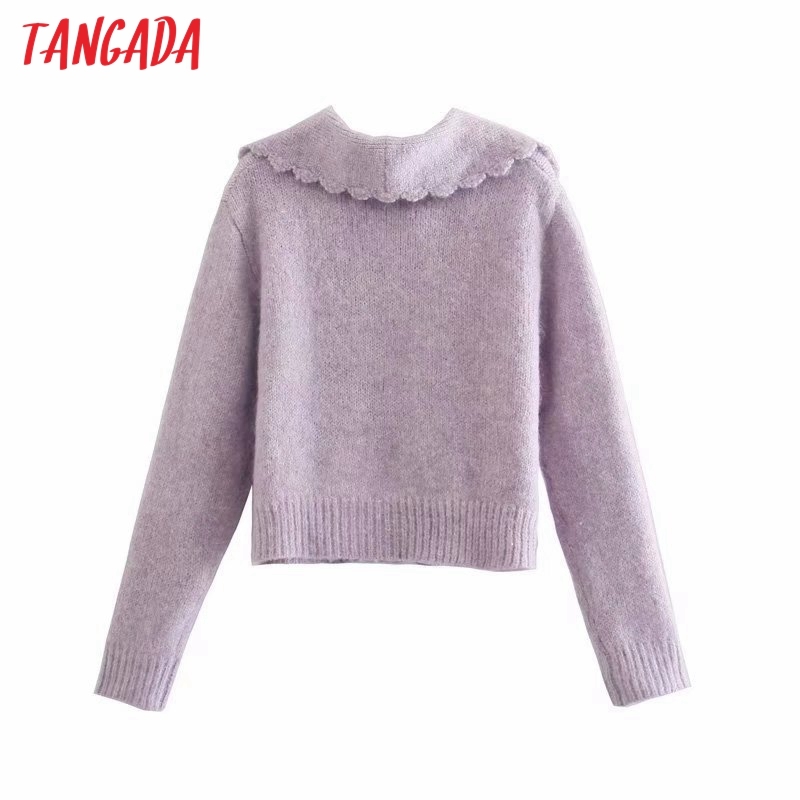 Women Elegant Purple Beading Buttons Vintage Jumper Lady Fashion Knitted Cardigan Coat 3N25 210416