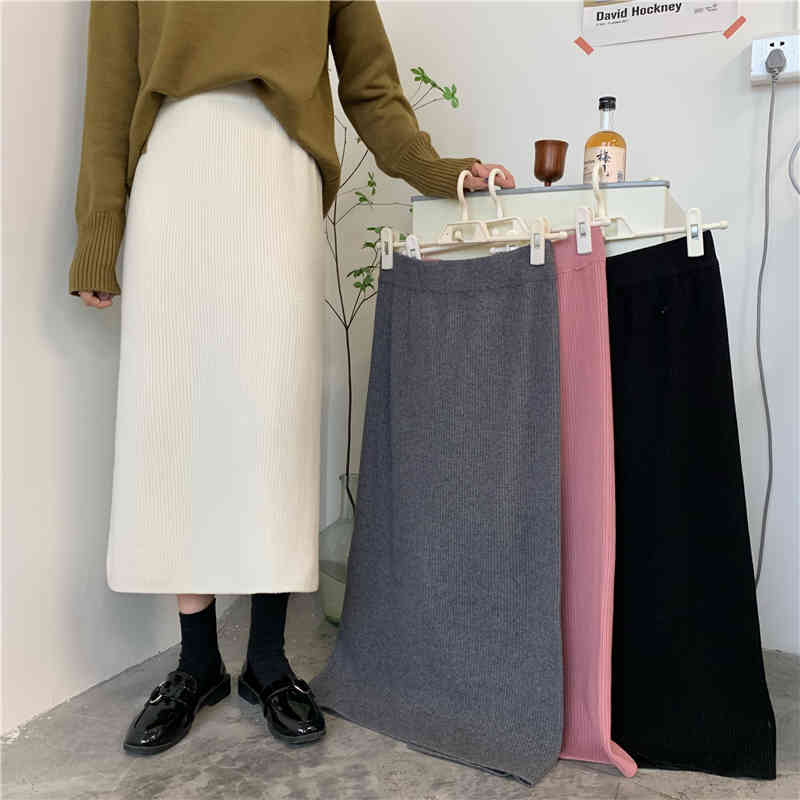 Autumn Winter High Waist Vintage Solid Knitted Skirt Female OL Elegant Fashion Package Hip Long Skirts Womens 4 Color 210421