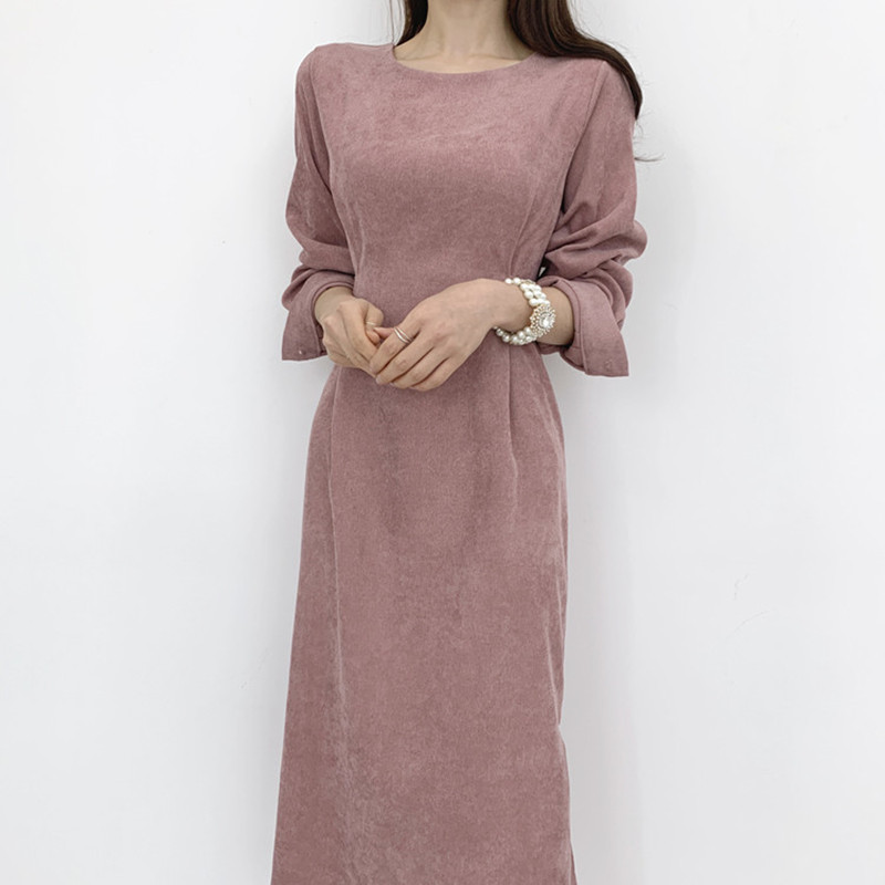 Winter Autumn Chic Minimalist Dress Women Vintage Elegant OL Work Wear Solid Lace-up Corduroy Maxi Dresses Vestidos 210421