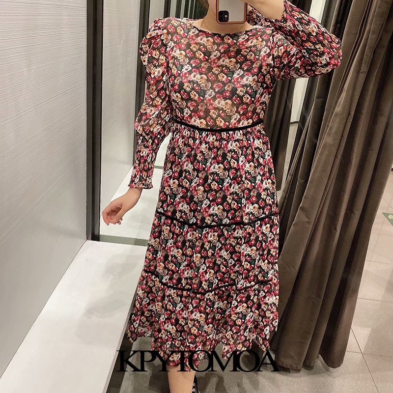 Women Fashion Patchwork Floral Print Chiffon Midi Dress Long Sleeve With Lining Female Dresses Vestidos 210420