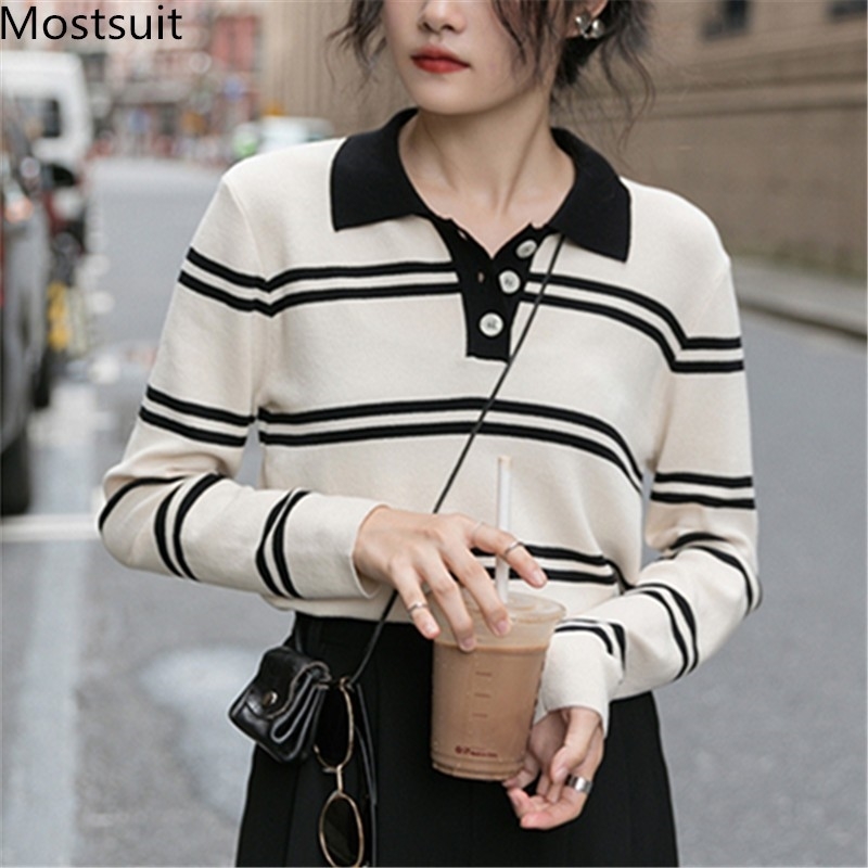 Autumn Korean Striped Knitted Women Sweaters Tops Long Sleeve Turn-down Collar Casual Fashion Pullovers Femme 210518, Apricot
Autumn Korean Striped Knitted Women Sweaters Tops Long Sleeve Turn-down Collar Casual Fashion Pullovers Femme 210518, Apricot