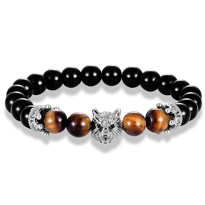 Classic Man Style Tiger Eye Beads Strands Wolf Head Charm Bracelet New Fashion Male Jewelry