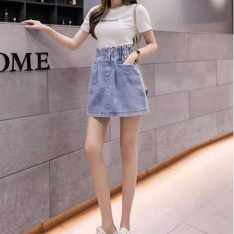 Elastic High Waist Denim Skirt Woman Skirts Mini Jean Pockets Casual Streetwear Female A-line Sexy Black 210619