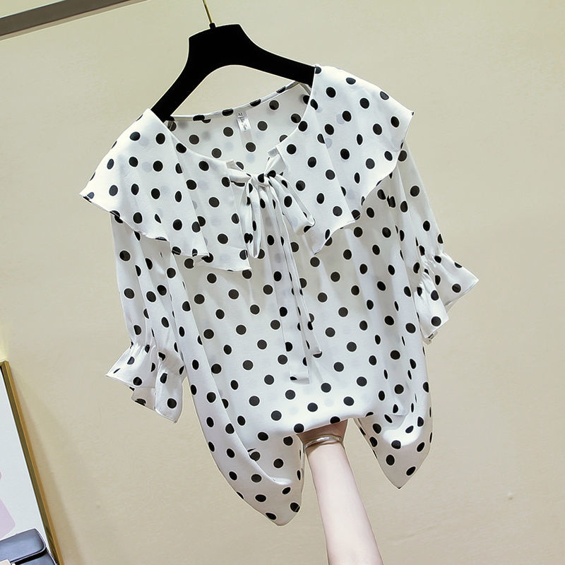 Summer Women Shirt Plus Size Half Sleeve Polka Dot Print Chiffon Shirts Sweet Cute Peter Pan Collar Ruffles Blouse D24 210512