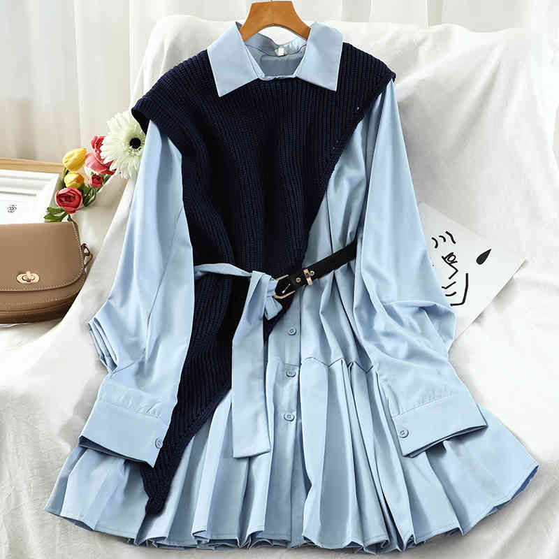 Sweet Suit Women Japan Single Breasted Turn-Down Collar Pleated Dress +Irregular Drawstring Knitted Vest Two Piece Set PL548 210409