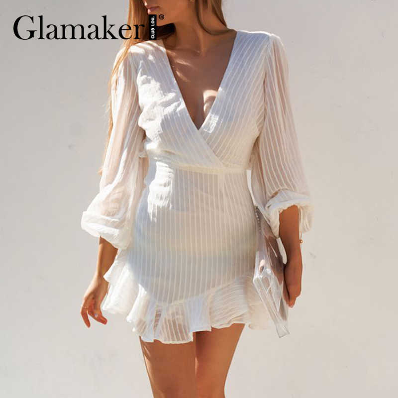Glamaker Sexy backless white mini dress Summer autumn ruffle A-line dress Holiday beach lace up women elegant fashion shortdress 210630