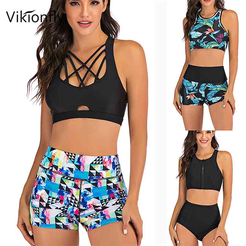 Vikionfly High Waist Bikini Set With Shorts Swimsuit Women Padded Floral Sport Swim Push Up Crop Top Swimwear Bathing Suit 210625