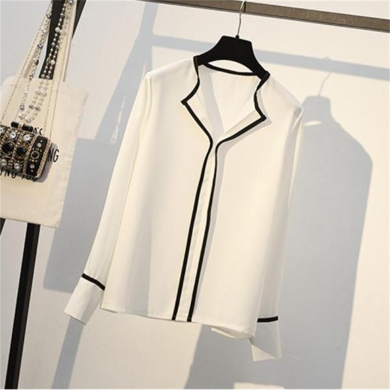 Spring Women's white chiffon Long Sleeve V-Neck Shirt Top+ Black A Line Skirt Set Two Piece Suit 210519