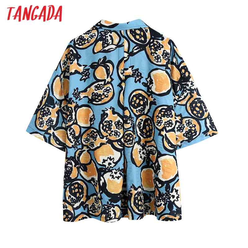 Women Summer Pockets Oversized Fruit Printed Blouses Vintage Short Sleeve Female Shirts Blusa Chic Tops BE515 210416