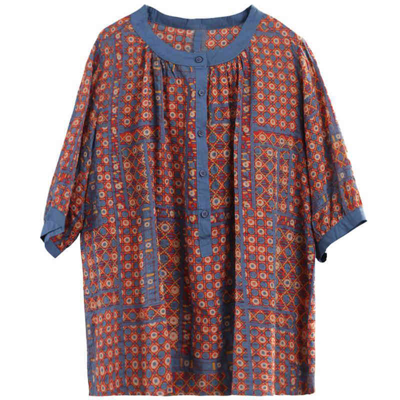 Summer Arts Style Women O-neck Vintage Print Loose Blouse Cotton Linen Half Sleeve Casual Shirts Femme Blusa S796 210512