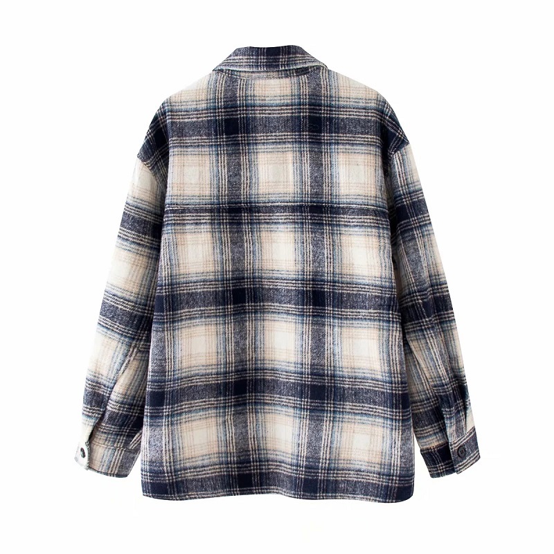 Vintage women long sleeve woolen coats fashion ladies thick plaid coat female streetwear elegant girls oversize jacket chic 210521
