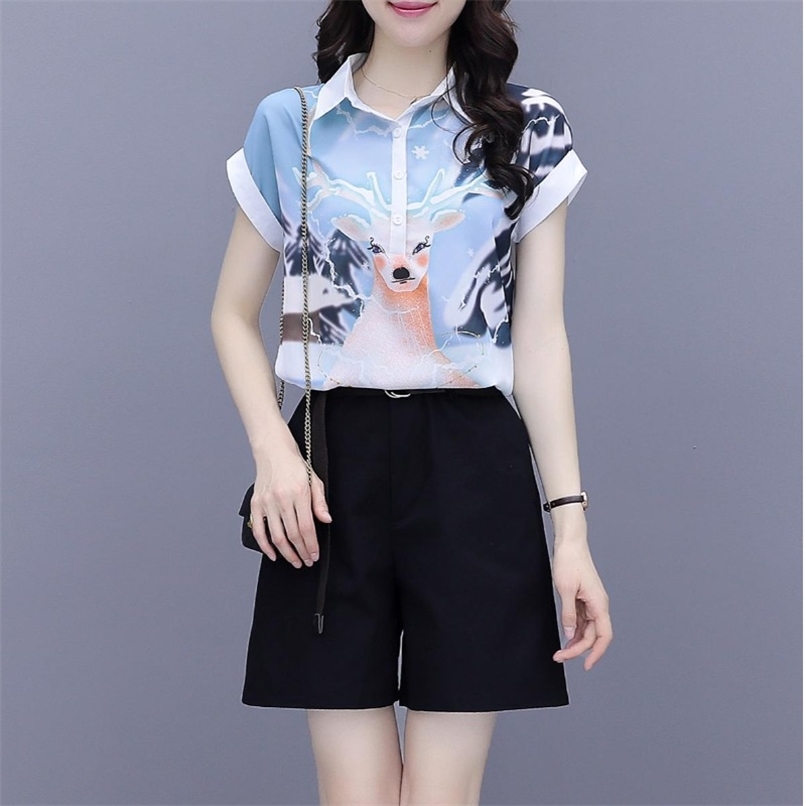Chiffon Shirt Wide-leg Pants Suit Women Summer Cartoon animal print Short Sleeve Blouse ans Belt Shorts Two-piece 210602, Blue
Chiffon Shirt Wide-leg Pants Suit Women Summer Cartoon animal print Short Sleeve Blouse ans Belt Shorts Two-piece 210602, Blue