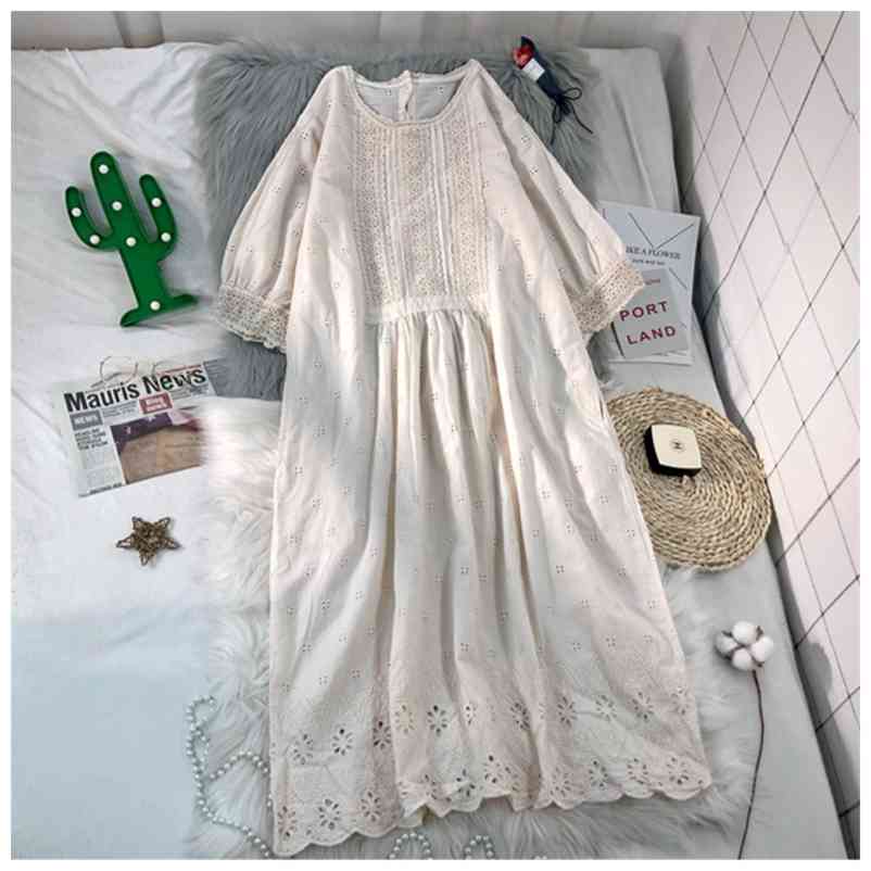 Summer Japanese-Style Cotton Hook Flower Lace Embroidery Dress Solid Color Cotton Female Dress 210331Z